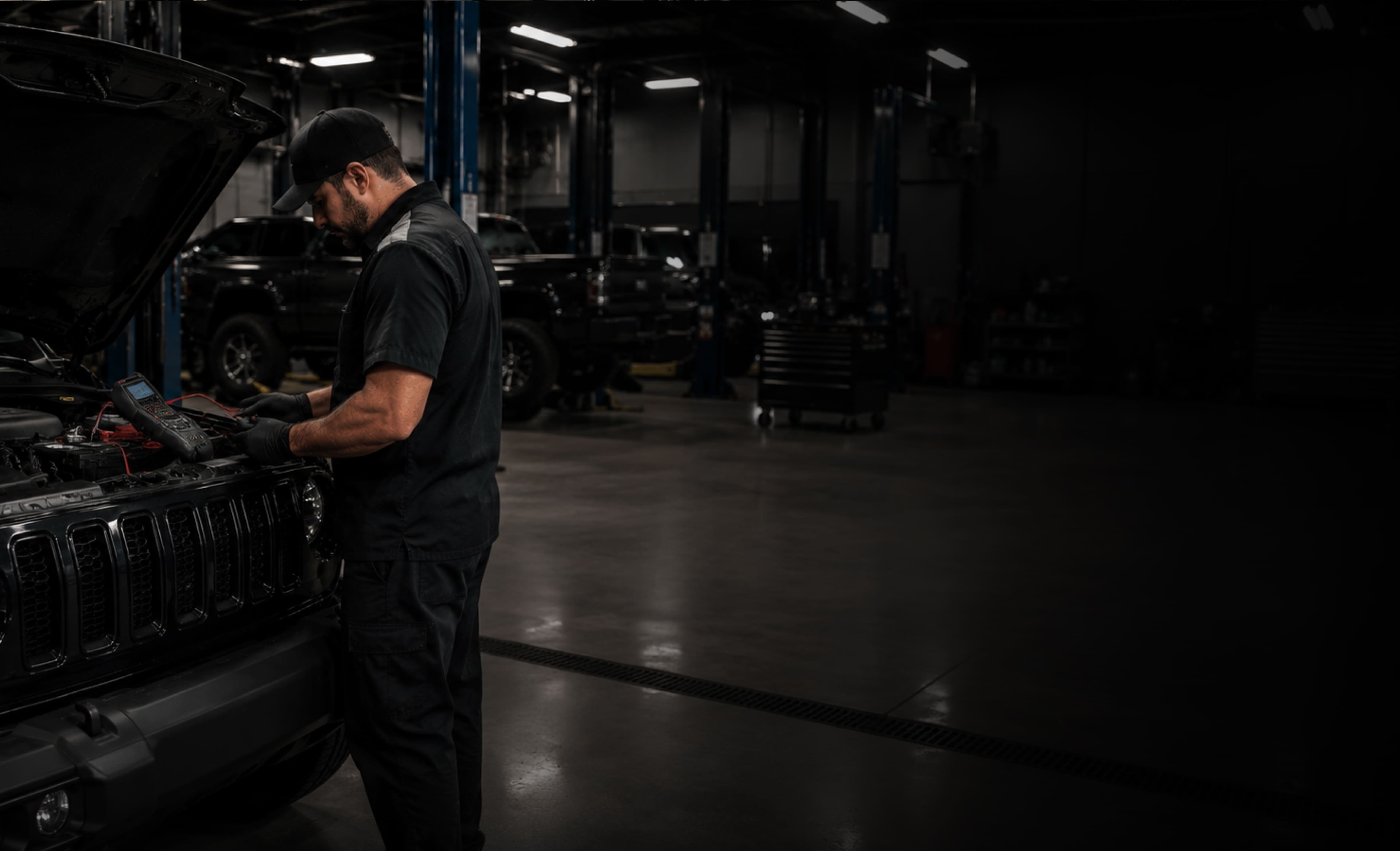Professional equipment used to test vehicle battery health, starting power, and charging performance