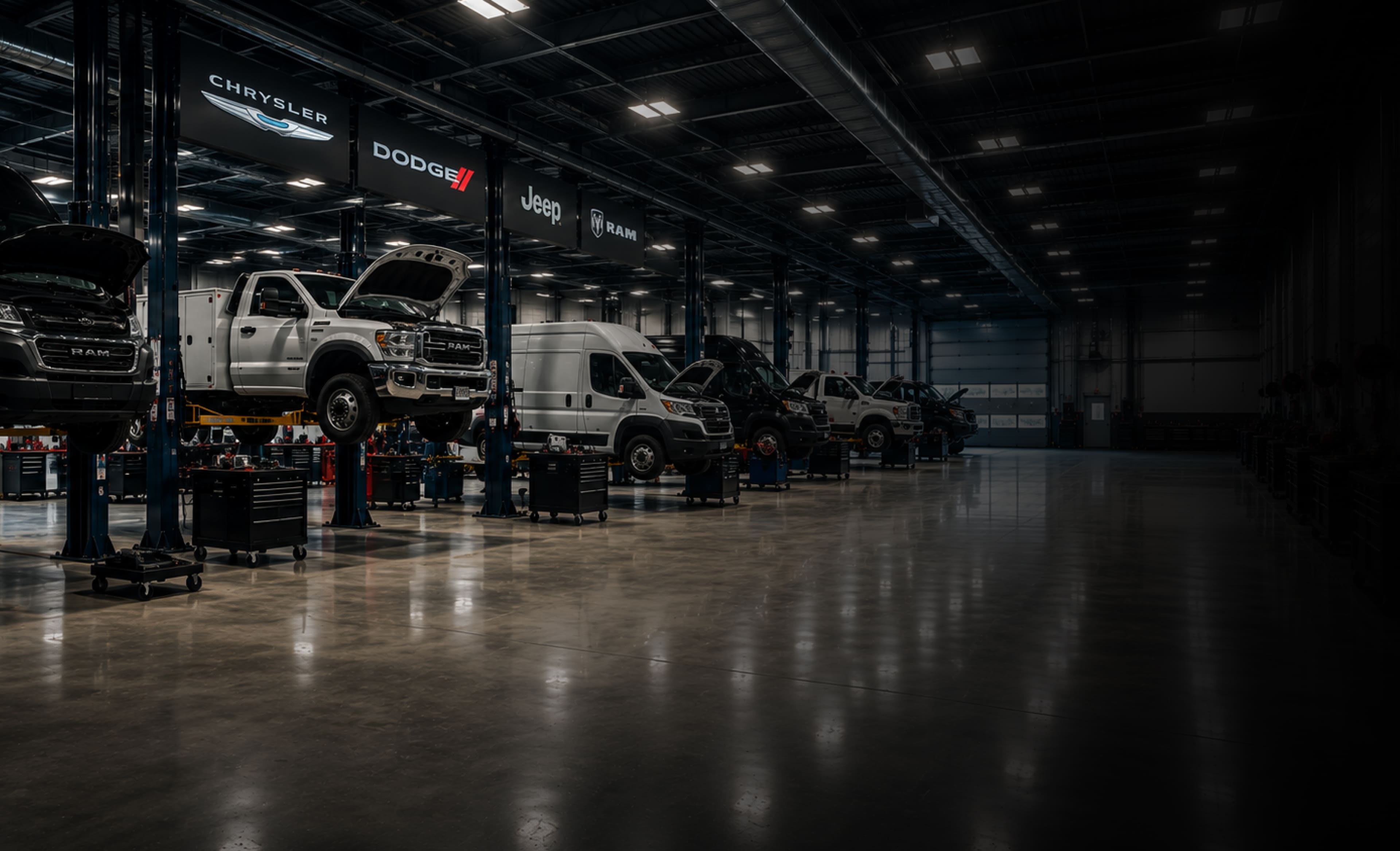 Class 1 through Class 5 commercial vehicles receiving service at a professional fleet maintenance facility