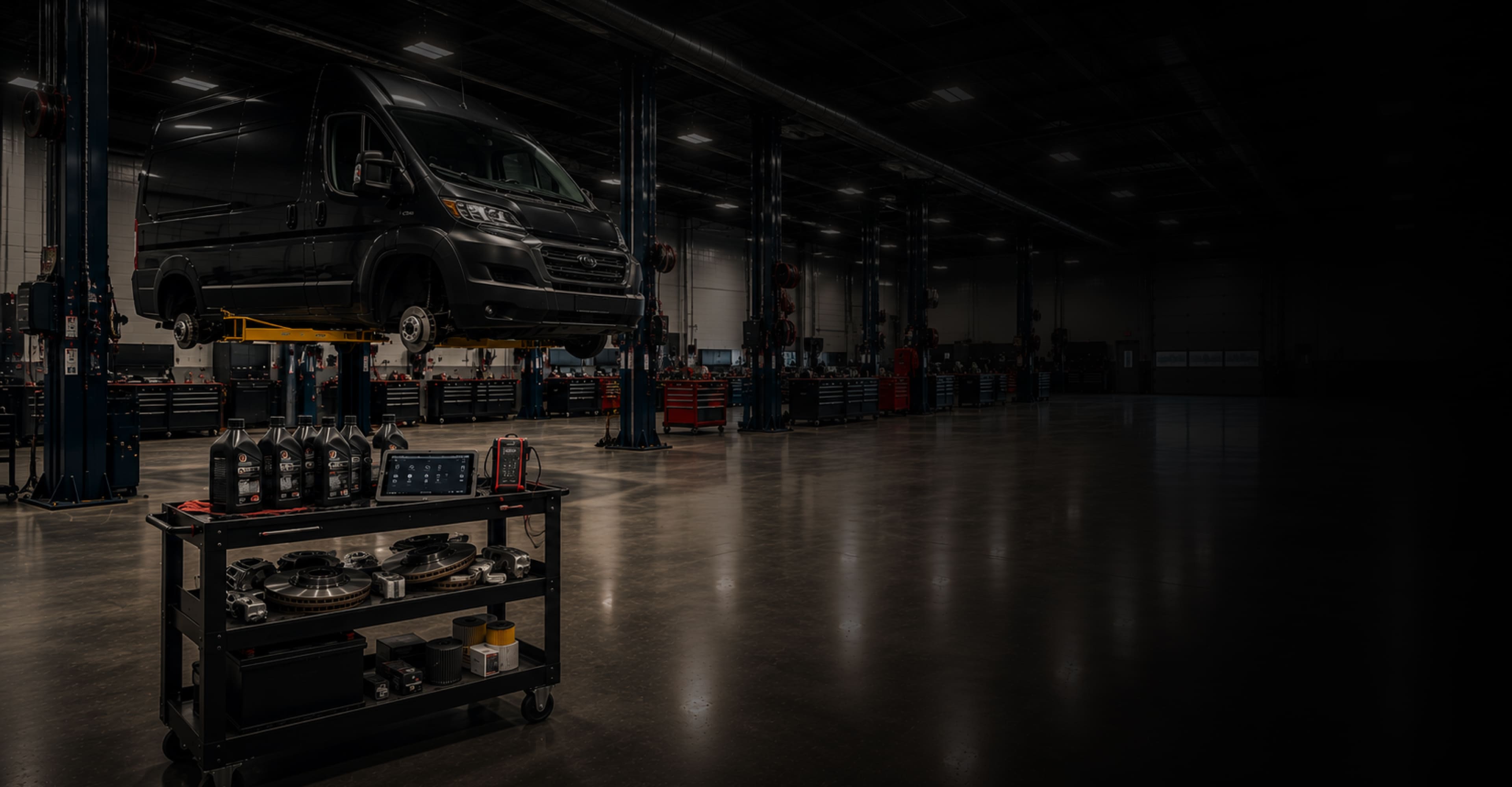 Commercial fleet vehicles receiving preventive maintenance and urgent repair service at Jim Shorkey CDJR