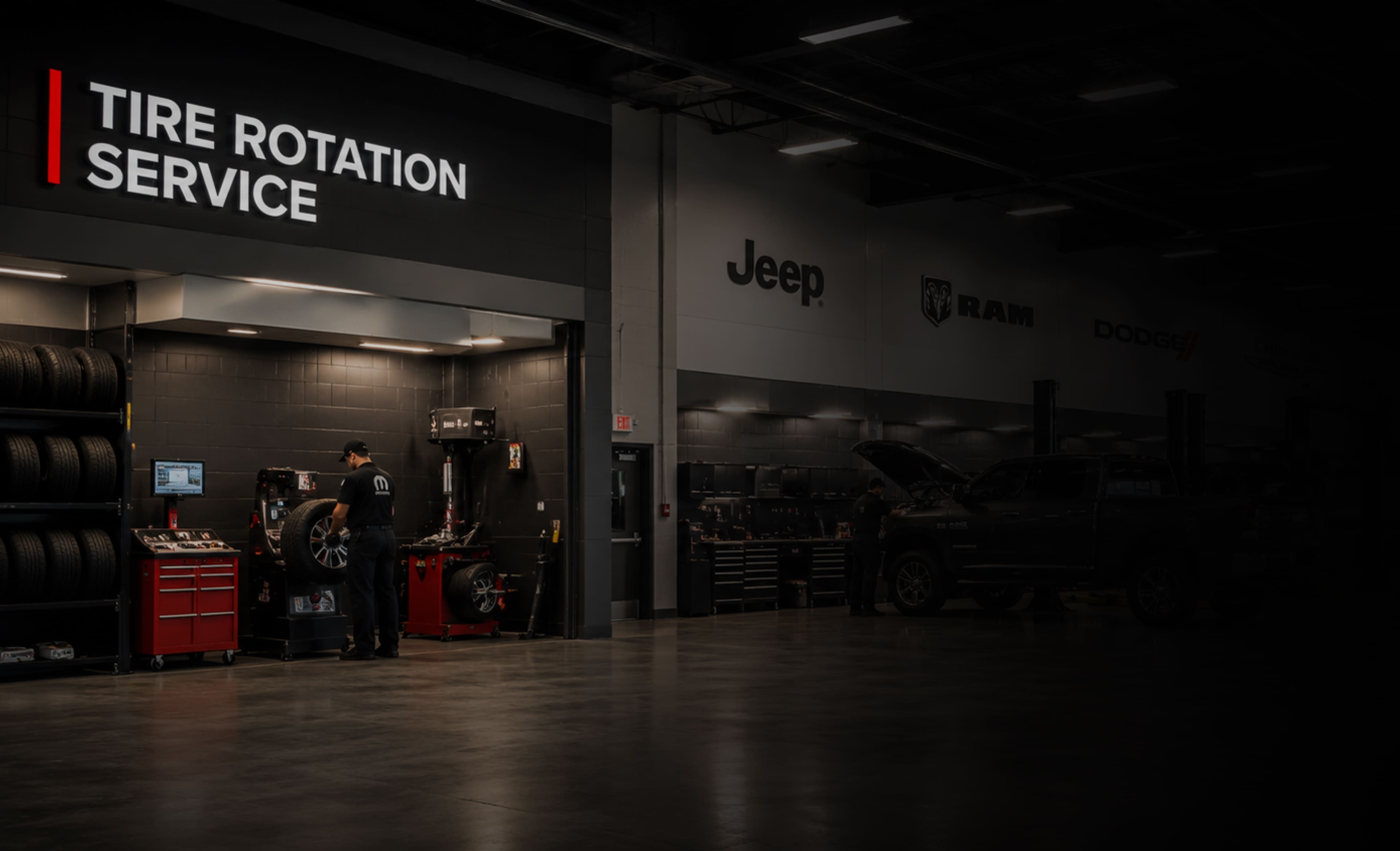 Tire rotation service area at Jim Shorkey CDJR North Huntingdon in North Huntingdon, PA